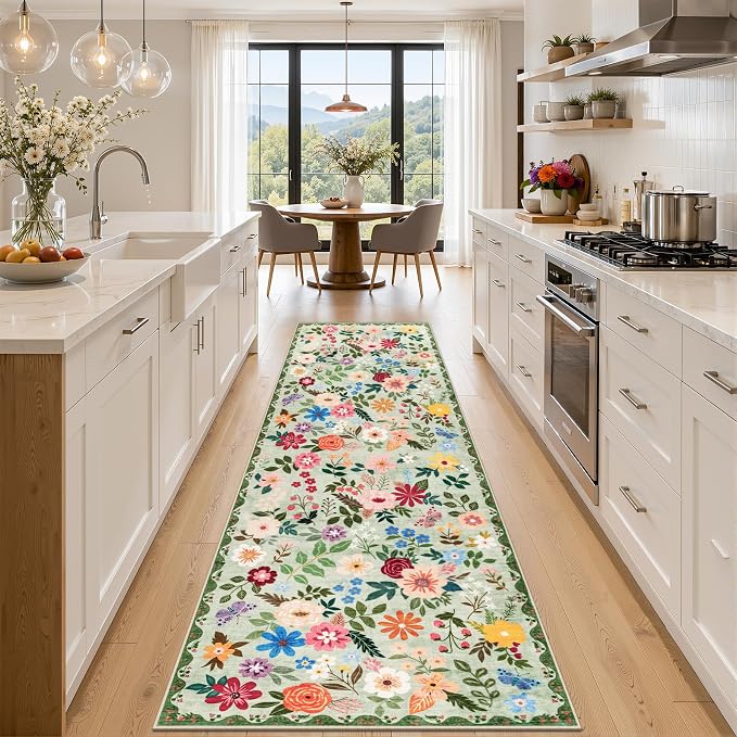PLHXFR 2.6x10 Washable Runner Rug：Floral Indoor Kitchen Soft Carpet Green | by PLHXFRSoftAreaRugs
