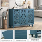 JOINICE Accent Cabinet with 3 Carved Doors, Distressed Blue Sideboard Buffet - Image 3