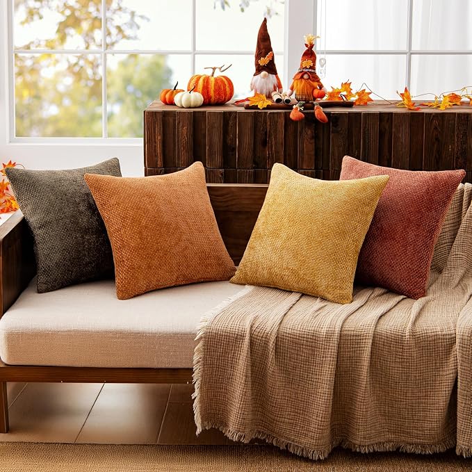 MIULEE Decorative Chenille Fall Pillow Covers Orange Brown 20x20 Pack of 4 | - Image 2