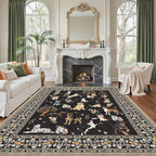 Black Floral Area Rug 9x12 for Living Room Bedroom | Low Pile; Non Slip;Machine - Image 4