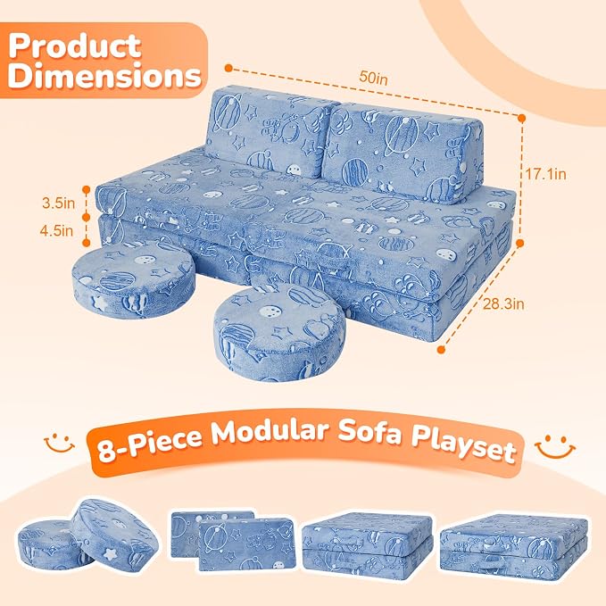 MeMoreCool Kids Couch, 8-Piece Modular Play Couch - Image 2