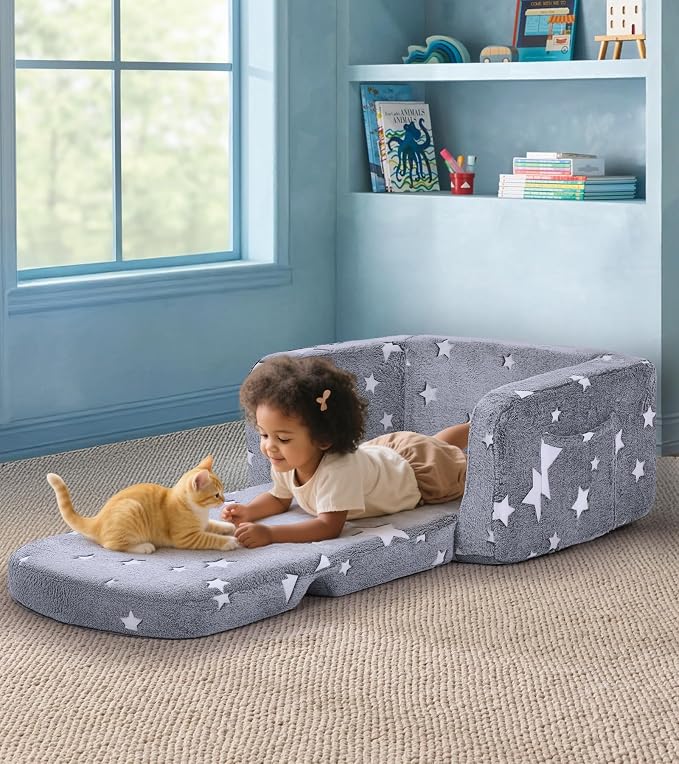 Kids Couch, 2-in-1 Soft Toddler Couch Fold Out - Image 2