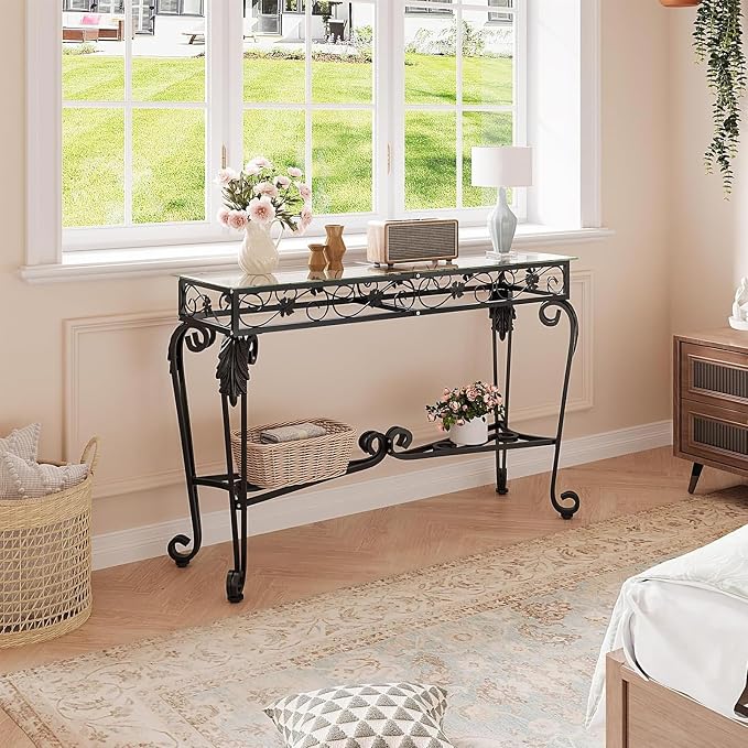 HavenlyYouth Console Table 47.2", Tempered Glass Sofa Tables, Vintage Entryway - Image 6