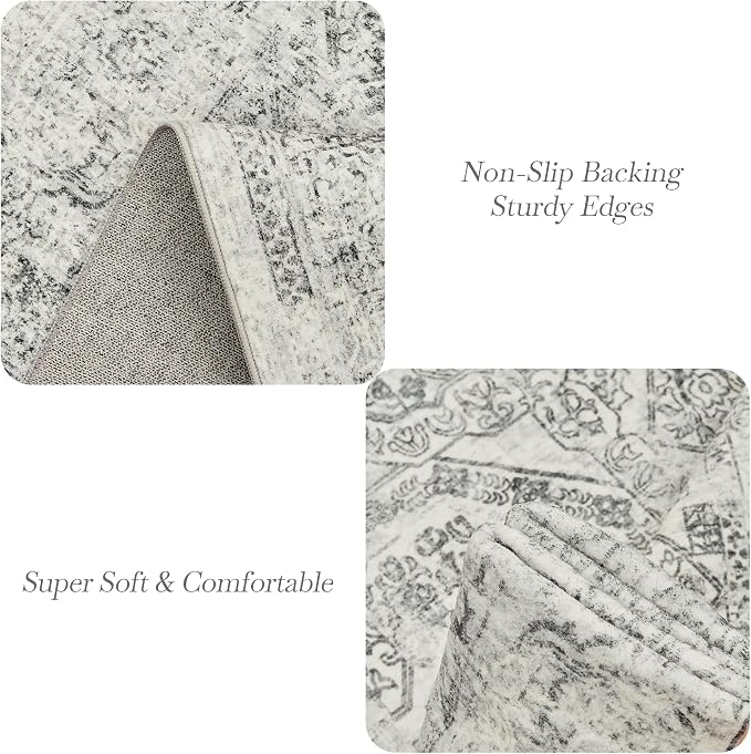 Soalmost 5x7 Area Rugs Light Gray Washable Trendy Faded Style Floral Rugs | - Image 5