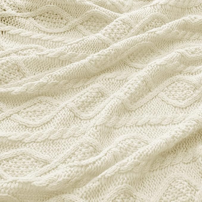 Homiest Cable Knit Throw Blanket & Pillow Set, Cream White Set of 3, Knitted - Image 6