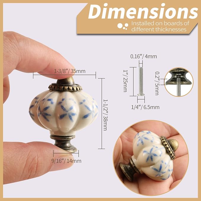 Ivory & Blue Pumpkin Knobs 12 Pack Ceramic Cabinet Knobs Vintage Drawer Pulls - Image 4