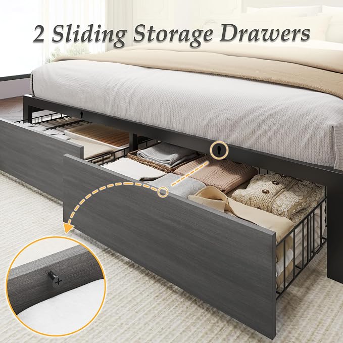 Lifezone Queen Bed Frame with 2-Tier Storage Headboard, Bedroom Metal Bed Frame - Image 6