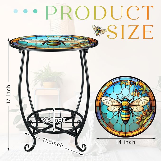 Cinnvoice Outdoor Side Table Round Small Mosaic Patio Accent Indoor End Plant - Image 3