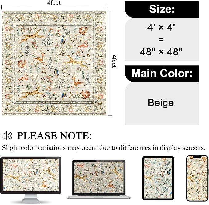 DUKINO 4x4 Square Area Rug, Washable Animal Rug - Image 2
