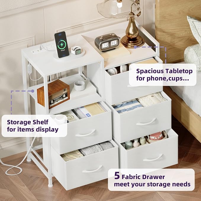 Somdot White Nightstand with Charging Station and LED Light, Wide 5 Drawers - Image 6