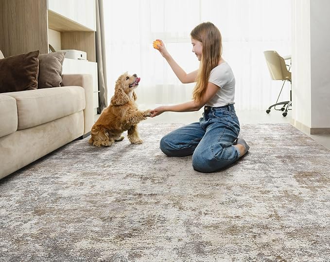 UERMEI 8x11 Area Rug Living Room Rugs Washable Neutral Brown Grey Carpet | - Image 3
