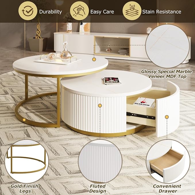 Modern Round Nesting Coffee Table Fluted - Image 8