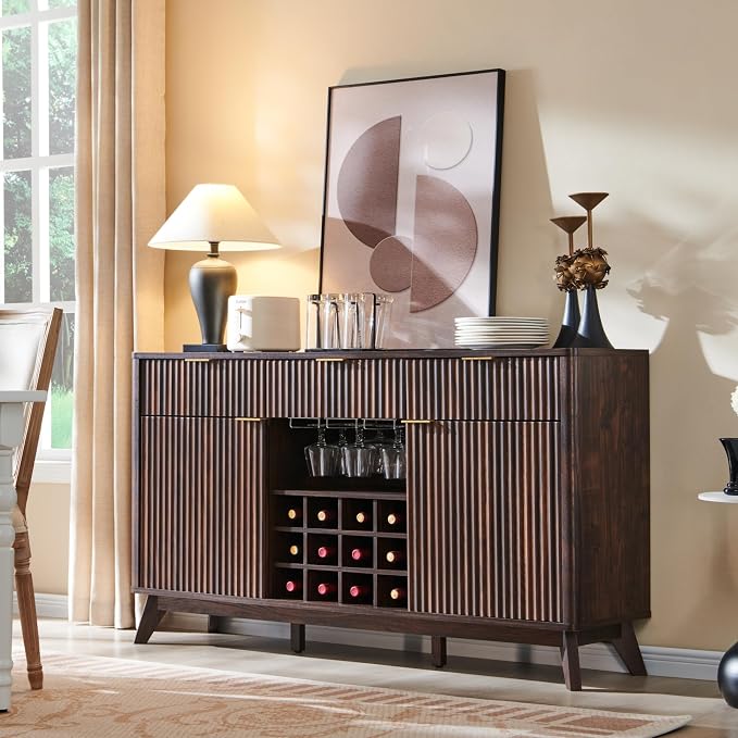 OKD Fluted Wine Bar Cabinet, 3 Drawers, 4 Glass Holders & 12 Wine Racks - Image 9
