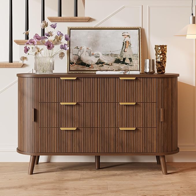 Decofy Fluted 6 Drawers Dresser, Curved Profile & Sturdy Legs, Wood TV Stand - Image 4