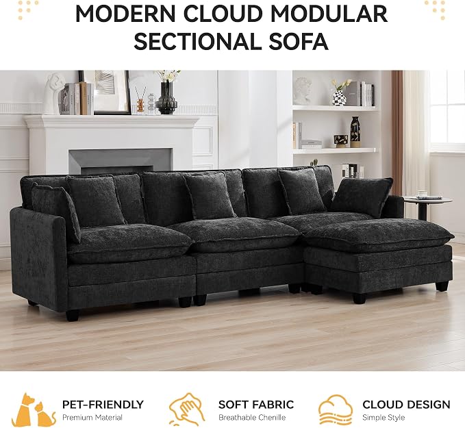 111'' Sectional Cloud Deep Seat Couch, Modern Comfy Chenille L Shaped Sectional - Image 7