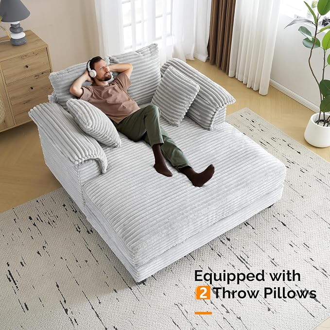 VINGLI 56" Oversized Chaise Lounge Chair, Light Grey Comfy Corduroy Chaise Sofa - Image 7