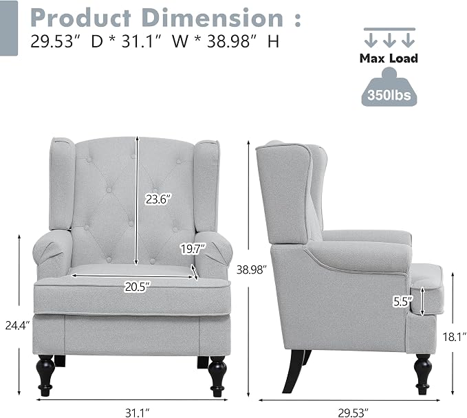 Accent Chair Set of 2, Mid Century Modern Fabric Wingback Chair, Upholstered - Image 2