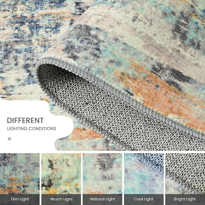Area Rug 4x6 Blue Rug Washable Boho Rugs Non Slip Low Pile Abstract Small Carpet - Image 6