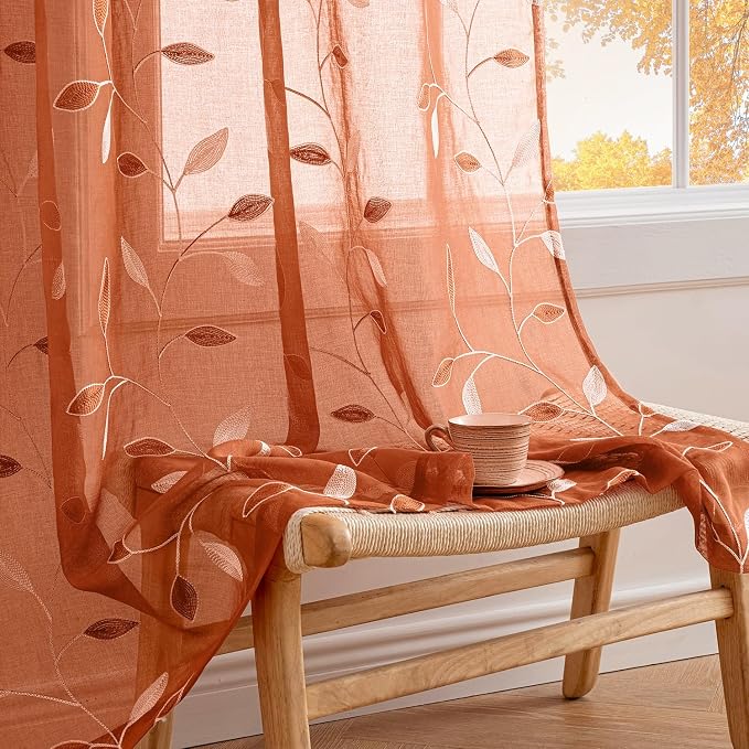 MIULEE Burnt Orange Sheer Fall Curtains 2 Panels Leaf Patterned, W52 x L54 | - Image 2