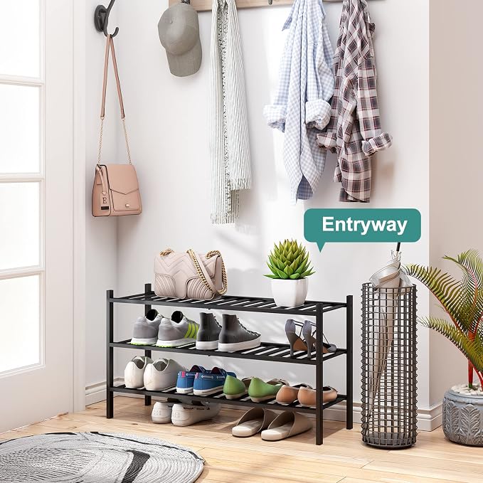viewcare 3-Tier Long Black Shoe Rack, Bamboo Wood Shoe Rack - Image 5