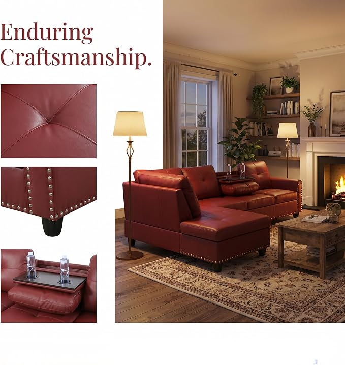 97.5" Red L Shaped Couch Set Leather, Modular Sectional Couches - Image 4