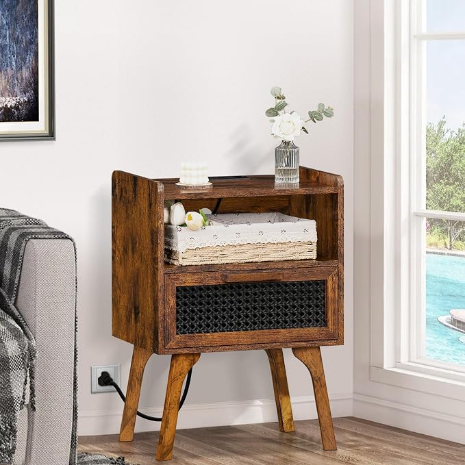 Lerliuo Rattan Nightstand with Charging Station, Side Table with Drawer Open - Image 6