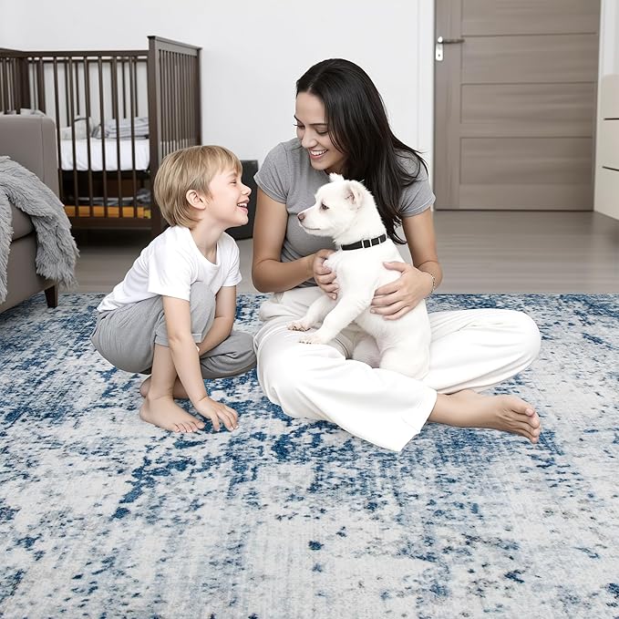 Round Area Rug Living Room: 5 ft Modern Washable Carpet Blue | - Image 7
