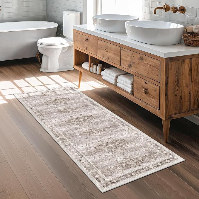 Boho Bathroom Rug 2x5 Runner, Neutral Farmhouse Kitchen Rugs, Small Throw by HazoHaus