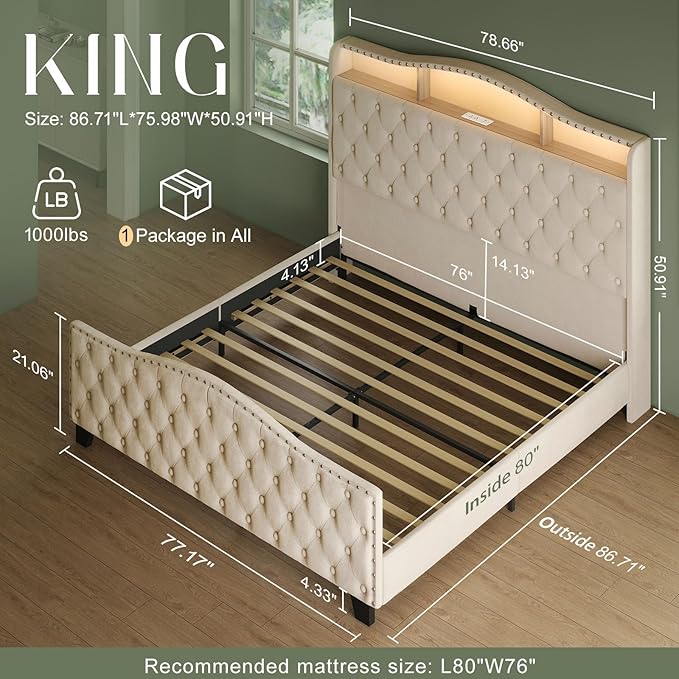 Belffin King Size Bed Frame and Headboard, 50.9" Velvet Upholstered Wingback - Image 2
