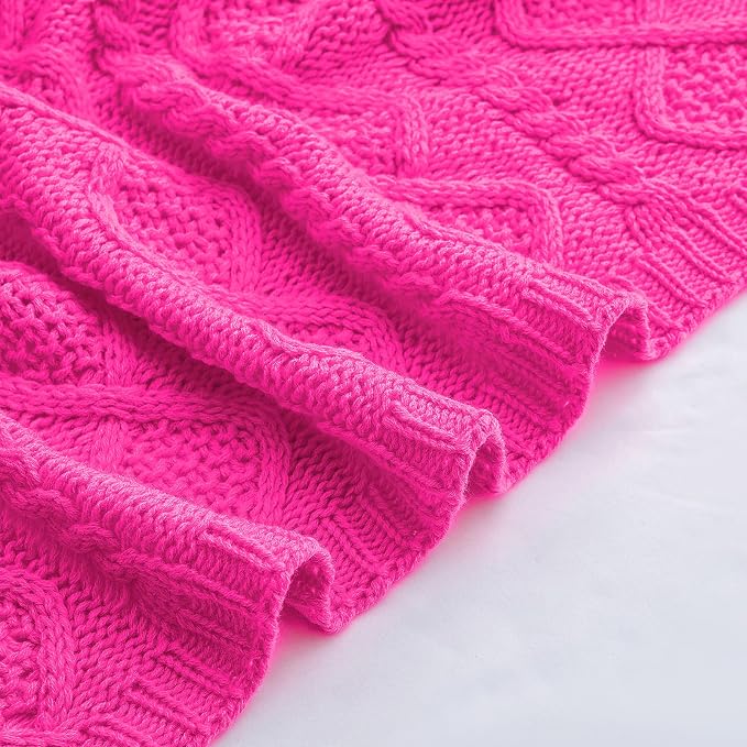 Homiest Hot Pink Cable Knit Throw Blanket Set of 3, Soft & Cozy Acrylic Blanket - Image 7