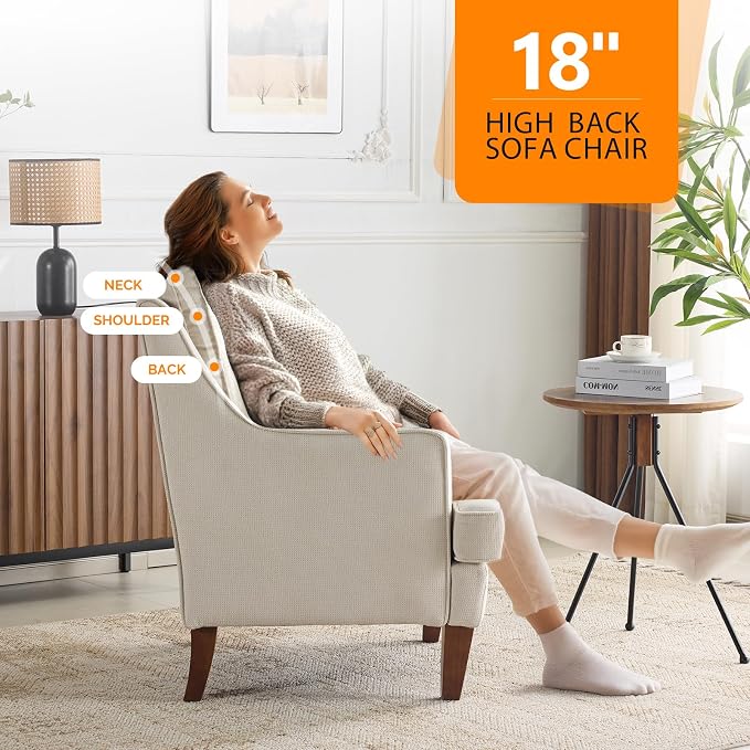 VINGLI Beige Accent Chair, Mid Century Modern Chairs, Upholstered Armchair - Image 4