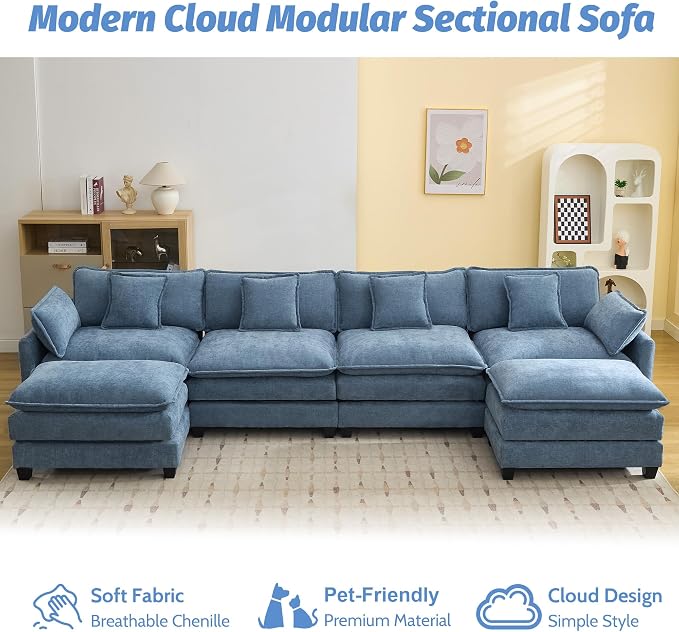 147'' Sectional Cloud Deep Seat Couch, Oversized Chenille U Shaped Sectional - Image 8