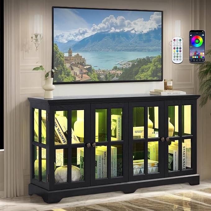 59" W LED Curio Cabinet with 7 Color Lights, Vintage Glass Display Case with by CKEASEANFurniture