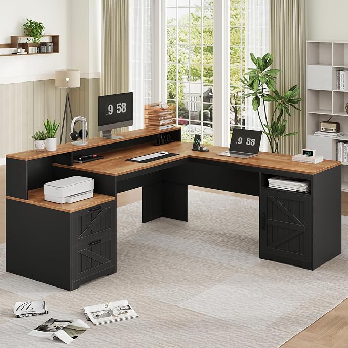 YOMILUVE 63" Farmhouse L Shaped Executive Desk - Image 9