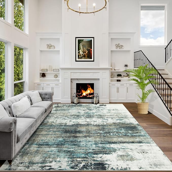 9x12 Area Rugs for Living Room: Washable Abstract Teal Green Badroom Carpet | by GENTDRIZZ