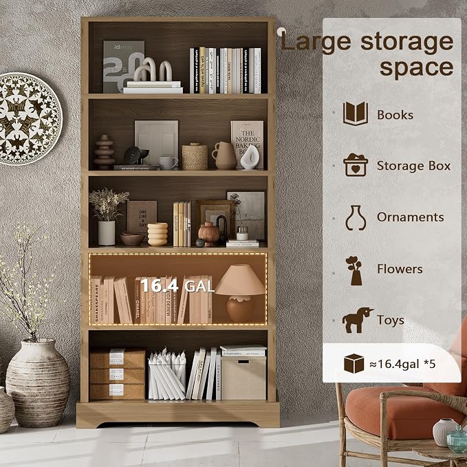 TVU 5-Tier Wooden Bookshelf, 31.5" W Standing Book Shelf - Image 7