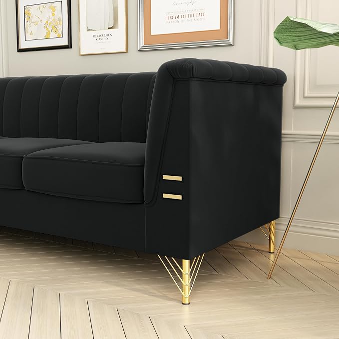 83.46" W Black Velvet Sofa Couch - Image 10