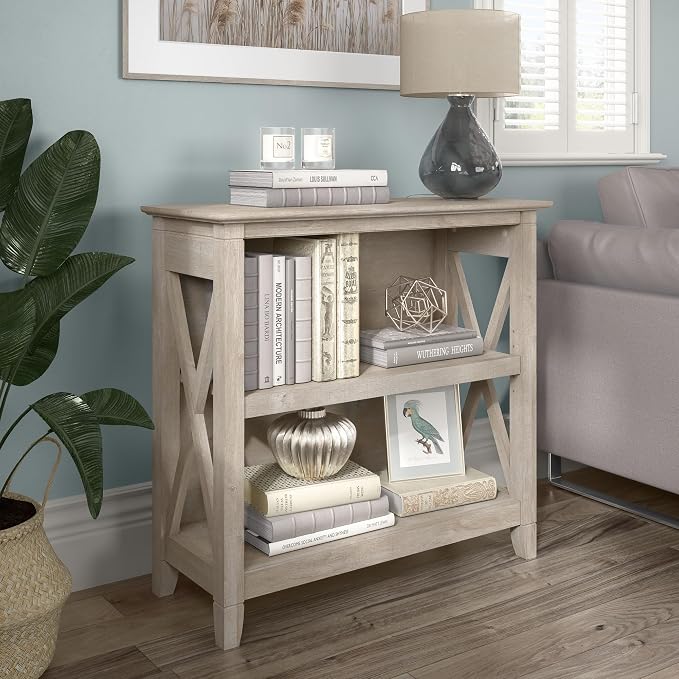 Bush Home Key West Small 2 Shelf Bookcase in Washed Gray, Compact Home Organizer - Image 2