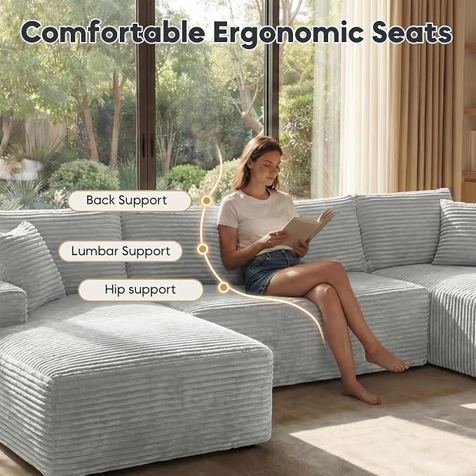 125 Inch Modular Sectional Sofa, Cloud Couch Oversized U Shaped Corduroy Sofa - Image 3