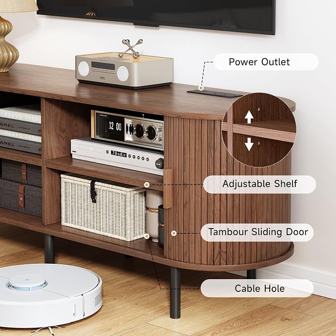 86.6" TV Stand with Power Outlet, Mid-Century Modern Television Stand, Fluted - Image 6