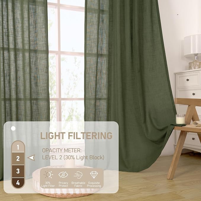 Olive Green Linen Sheer Curtains 90 inch - Image 4