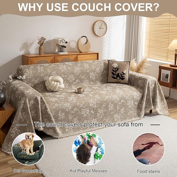 VClife Vintage Floral Boho Couch Cover, Soft Breathable Chenille Sofa Cover - Image 6