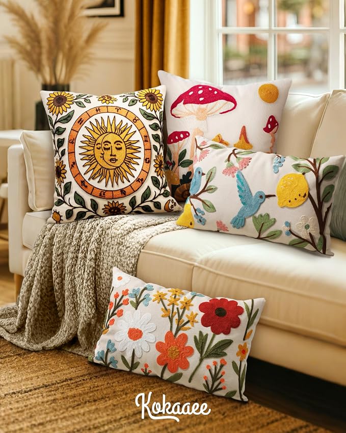 Embroidered Throw Pillow Cover 20x20 Inch, Sunflower Moon | Decorative Pillow - Image 6