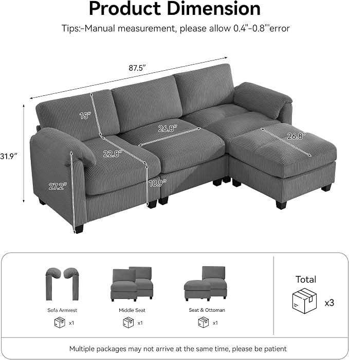 87.5'' L Shaped Modular Sectional Sofa, 3 Seater Cloud Couch - Image 2