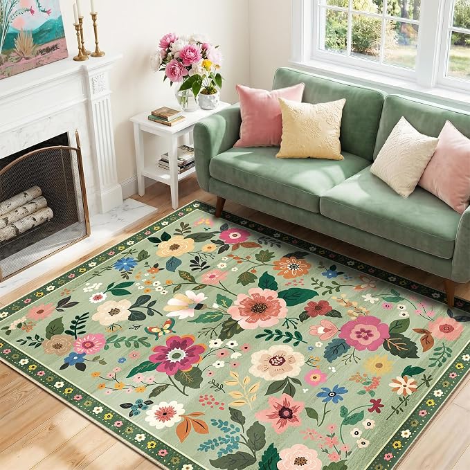 RELEANY Floral Washable 3x5 Area Rugs LightGreen | Flower Carpet Print Boho - Image 6