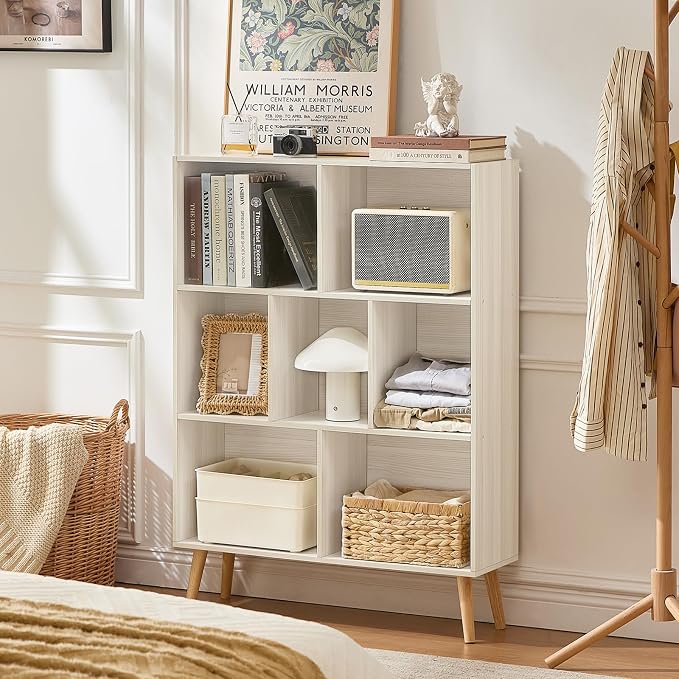 LEYAOYAO Cube Bookshelf 3 Tier Mid-Century Light Grey White Modern Bookcase - Image 5