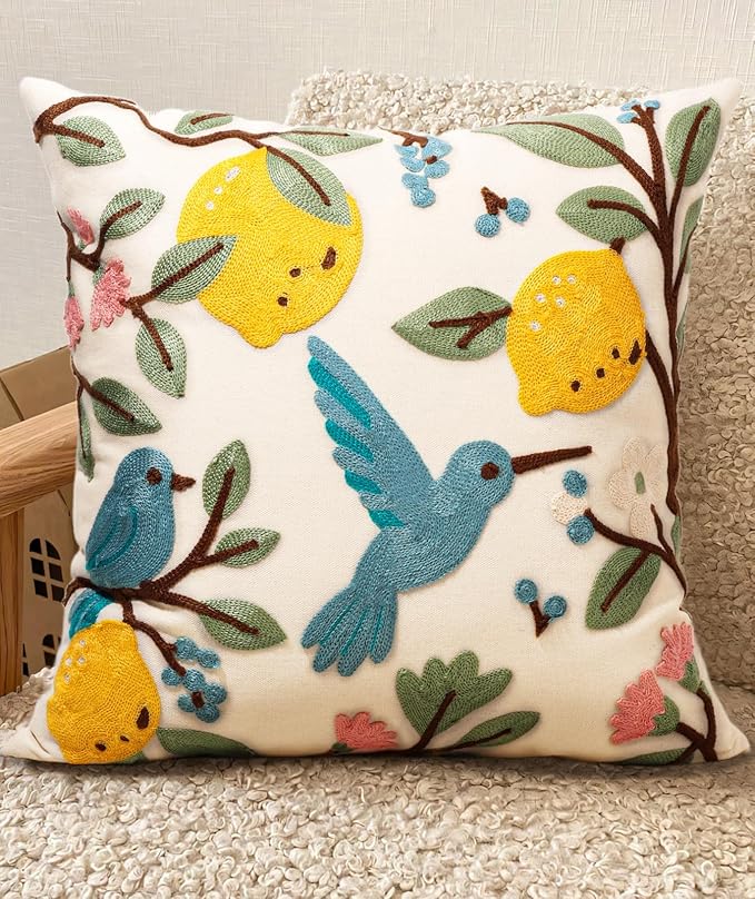 Embroidered Throw Pillow Cover 20x20 Inch, Bird Lemon | Decorative Pillow Cover by Kokaaee