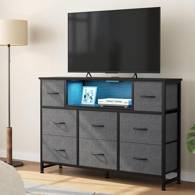 DUMOS TV Stand Dresser with 8 Fabric Drawers and Open Shelves, LED - Image 2