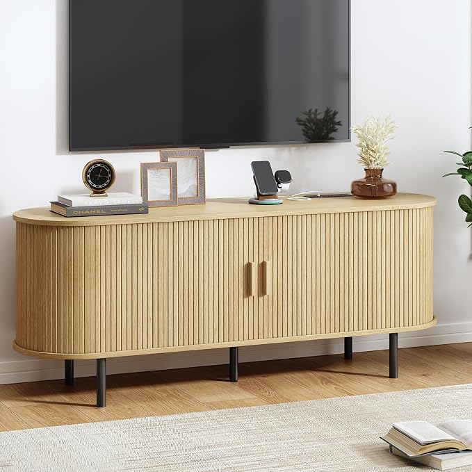 55" TV Stand with Power Outlet, Modern Media Console with Sliding Doors by ComfyCorner
