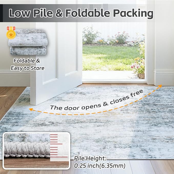 5x7 Washable Area Rug for Living Room Bedroom: Non-Slip Modern Blue Grey | - Image 7